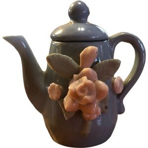 Made in Occupied Japan Small Blue Ceramic Lidded Pitcher with Raised Flowers